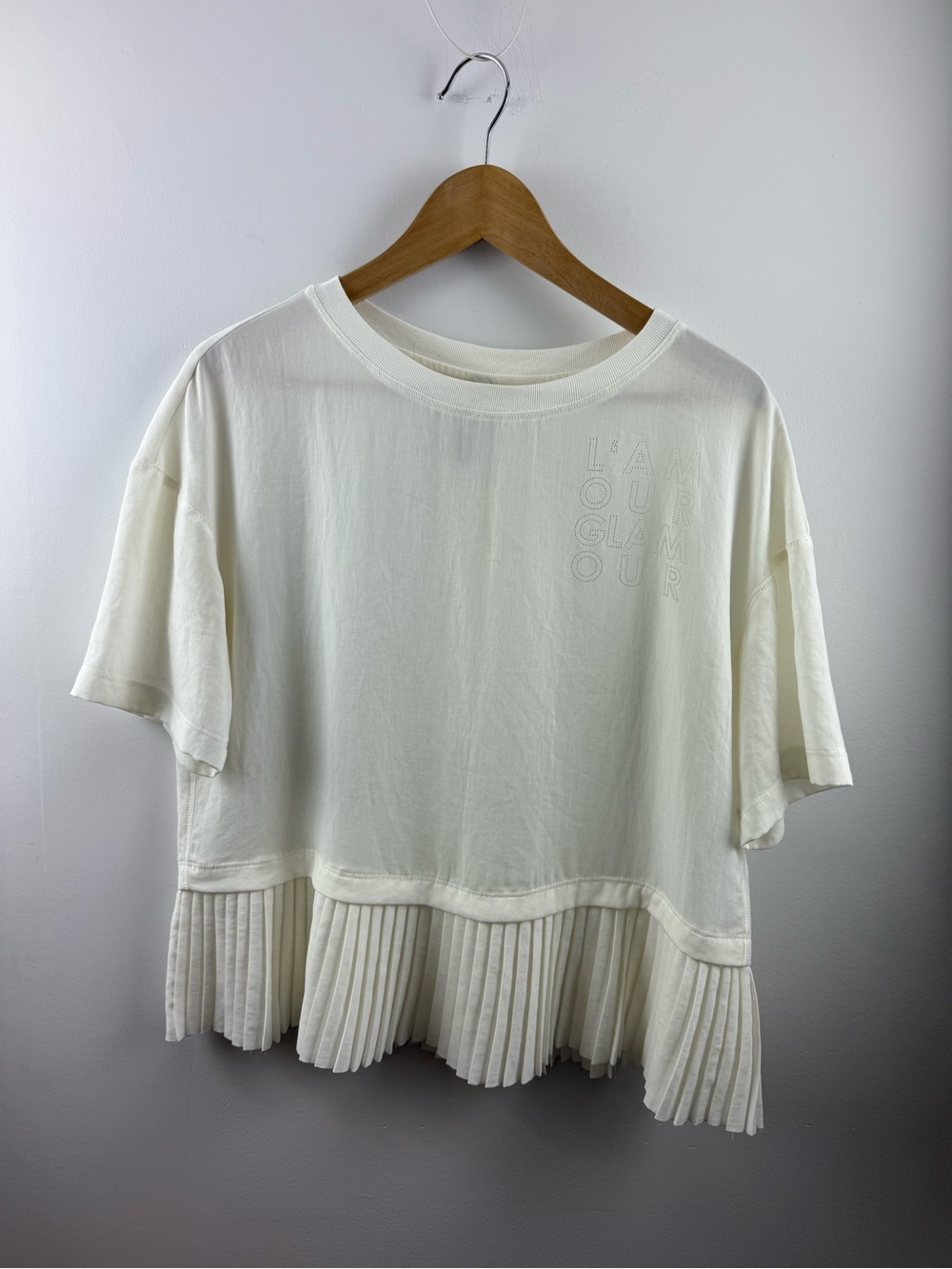 Marc Cain Sports Off White Pleated Hem Plisse Mixed Media Blouse Tee Size N2 Sm